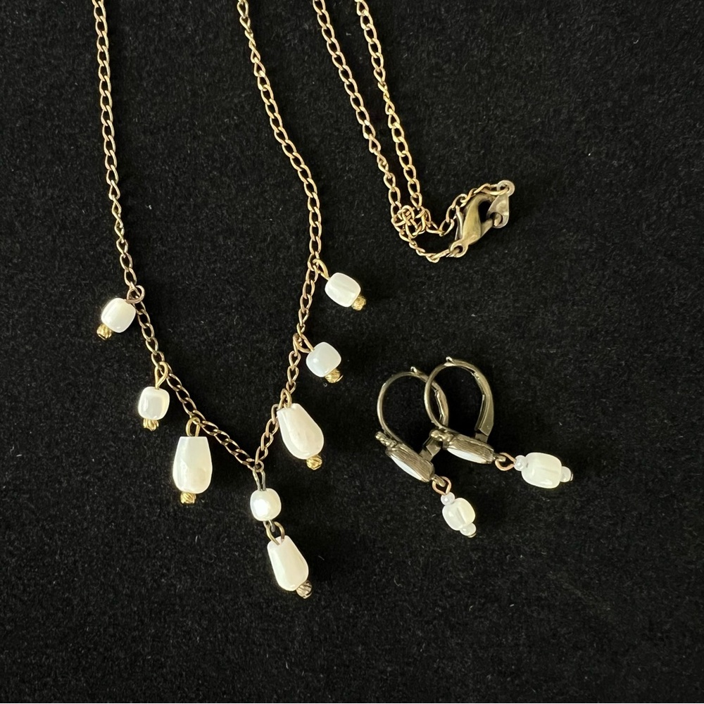 Vintage Necklace 16" & Earrings, Dainty Faux MOP Ivory Beads, Brass Toned Chain